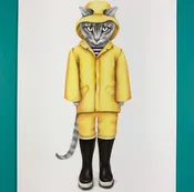 A2 Size Rain Cat Greeting Card - Blank Inside