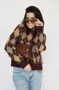 Argyle Cardigan Sweater in Wine