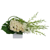 AF 200-8 White Rose & Orchid Modern Rectangular Vase Floral Arrangement