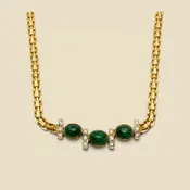 14K Gold Cabochon Emerald & Diamond Bar Necklace