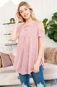 M7671-COLD SHOULDER LACE UP TOP WITH JACQUARD TAPE TRIM 2-2-0