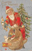 “Christmas Greetings”, Red Robed Santa With Toys, Vintage Postcard U22128