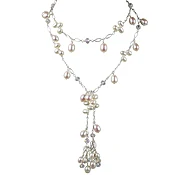 Pearl & Austrian Crystal Lariat Necklace | AAA 7-8.5mm  Rice & Dancing Freshwater Cultured