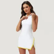 Women Lapel Color Block Half Zipper Sleeveless Paddd Outdoor Casual Sport Tennis Dress