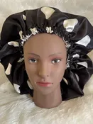 Black and White Polka Dot XL Reversible Satin Lined Elastic Bonnet