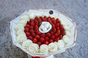 “Roses with Coconut” – Fruit Arrangement with Strawberries and Roses