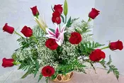 12 Red roses basket.