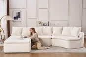 133'' Modular U-Shaped Sectional Compression Sofa with Removable Recliner Module White Woodgrain Chenille Boneless Ideal for Large Living Rooms or Bedrooms Flexible Configuration for a Versatile