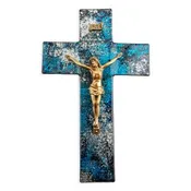 10" Blue and Silver Shimmer Pattern Glass Cross with Museum Gold Tone Crucifix-P65