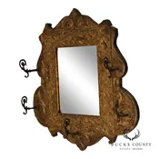 Antique Carved Gilt Wood Wall Mirror With Wrought Iron Hooks