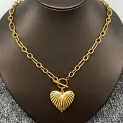 18K Golden Ss Heart Charm Ot Buckle Chain Necklace