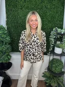 ANIMAL PRINT TIE WAIST TOP - ECRU