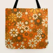 70s Retro Floral Pattern Groovy Garden Flowers in Orange and Brown Tote Bag
