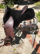 Bareback Saddle in black, with brown seat and knee pads — Australian Stock Saddle Company By Colin Dangaard Inc.