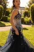 AKKA NAVY BLUE EMBROIDERED TULLE A-LINE GOWN