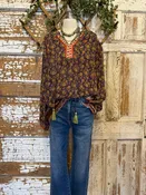 Vintage Harvest Boho Top with Tassel Ties