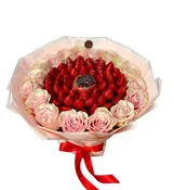 “Fantasy” – Fruit Arrangement with Strawberries, Roses & Pomegranate