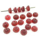 20 pcs vintage German flatback domed flower beads, transparent dark red glass, 10mm