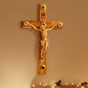 19" Crucifix and Corpus Hand Carved Olive Wood with 5 souvenirs from the Holy Land