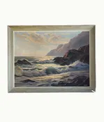Mid-Century Coastal Oil Painting by Bertha Larson in Rustic Frame