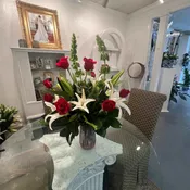 Dozen Red Roses with White Stargazer Lilies