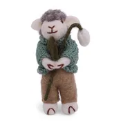 Felted Wool Grey Sheep With Green Jacket & Snowdrop with String