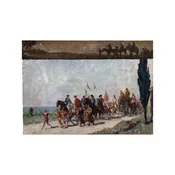 19th Century French Art: Impressionist Oil Painting of a Circus Caravan with Animals