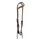 2074-SUNRISE 5/8" Wave one ear headstall golden leather sunrise tooling paint to the edge with rawhide buckstitch