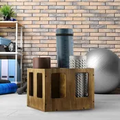 Brown Wood Foam Roller Storage Organizer, Wall Mounted or Freestanding Holder Rack for Yoga Mats and Gym Accessories