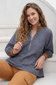 3/4 Sleeve Half Zip Stripe Top Navy