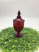8" Ruby Red Glass Lidded Candy Dish With Hand Painted Floral