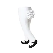 Baby girl ruffle bottom tights with sewn-in black shoe design.  Anti-slip soles. 6-12 months