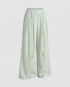 Ladies' airy-wide linen pants with pleats, drawstring waistband and decorative beads