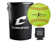CHAMPRO CSB65 Durahide Cover 12″ Practice Softballs in a Black Bucket – 18 Balls and one Rods Can Sleeve Included
