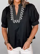 Black Embroidered Notched Puff-Sleeve Blouse | S–XL