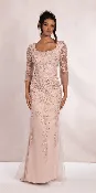 3/4 Sleeve Mesh Embroidered Column Dress with Heat Set Beads