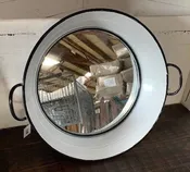 Circular Mirror Tray with Handles, White with Black Edges