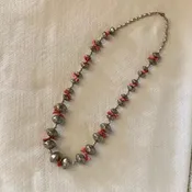 Antique African Silver and Brass Beaded Necklace with Vintage Pink Saree Silk Spacers