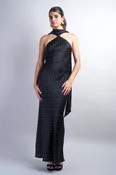 Black Magdalena Dress - Polka Dot Bias Maxi Dress With Scarf