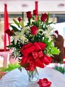 Dozen Red Roses with White Lilies