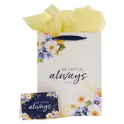 Be Joyful Always Yellow and Navy Blue Floral Portrait Gift Bag with Card Set – 1 Thessalonians 5:16