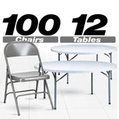 100 Gray Metal Folding Chairs + 12 Plastic Round Table Kit