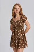 Brown Floral Smocked Mini Dress