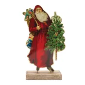 Vintage Metal Santa with Wood Base 8"H