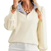 STRIPED COLLAR PUFF SLEEVE SWEATSHIRT