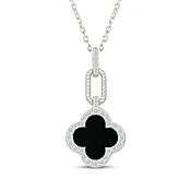 Black Onyx & White Lab-Created Sapphire Clover Drop Necklace Sterling Silver 18"