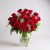 2 Dozen Red Roses with Baby’s Breath – Classic Glass Vase