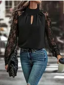 Black Keyhole Neckline Floral Lace Raglan Sleeve Blouse