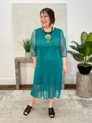 3/4 Sleeve Micropleat Dress, Teal