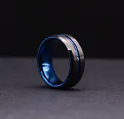 8mm Dark Tungsten Wedding Ring for Men with Striking Blue Accents